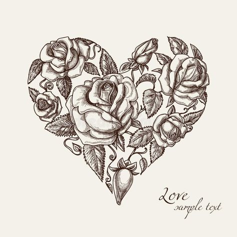 Heart of roses. Vintage roses in shape of a heart , #AFFILIATE, #roses, #Heart, #Vintage, #heart, #shape #ad Dotwork Tattoo Mandala, Tattoo Painting, Vintage Tattoo Design, Tattoo Zeichnungen, Heart Tattoo Designs, Simple Line Drawings, Mandala Tattoo Design, Images Vintage, Vintage Tattoo