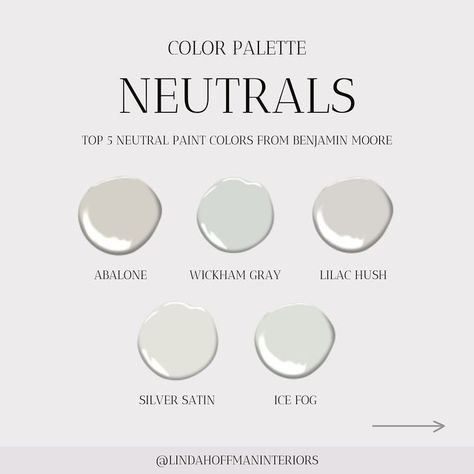 Linda Hoffman | Interior Designer on Instagram: "SAVE these Top Neutral Colors from Benjamin Moore. Personally my favorite is Silver Satin but what’s yours? These neutral paint colors will not only go with everything in your homes design but will add a sense of luxury to it as well. 💎 Dive into the soothing depths of Abalone (2108-60) for a subtle hint of the sea. ☁️ Transition to tranquility with the calming vibes of Wickham Gray (HC-171). 🌸 Invite a touch of elegance with the delicate blush of Lilac Hush (CSP-490). ✨ Elevate your room with the lustrous finish of Silver Satin (0C-26). ❄️ Finally, let the cool and crisp touch of Ice Fog (CSP-575) envelop your space. 💖 Out of these, Silver Satin steals the spotlight for me. 🤔 Want to learn interior design? 💬 Comment “Tips” below a Silver Satin Benjamin Moore, Benjamin Moore Abalone, Wickham Gray, Learn Interior Design, Neutral Paint Colors, Neutral Paint, Finished Basement, Paint Colours, Benjamin Moore