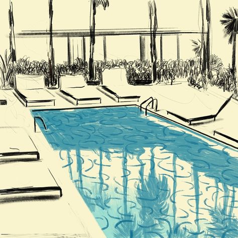 Swimming Pool Drawing, Pool Drawing, Beach Drawing, Roosevelt Hotel, American Photography, Pool Art, American Illustration, Taehyung Fanart, Meaningful Drawings