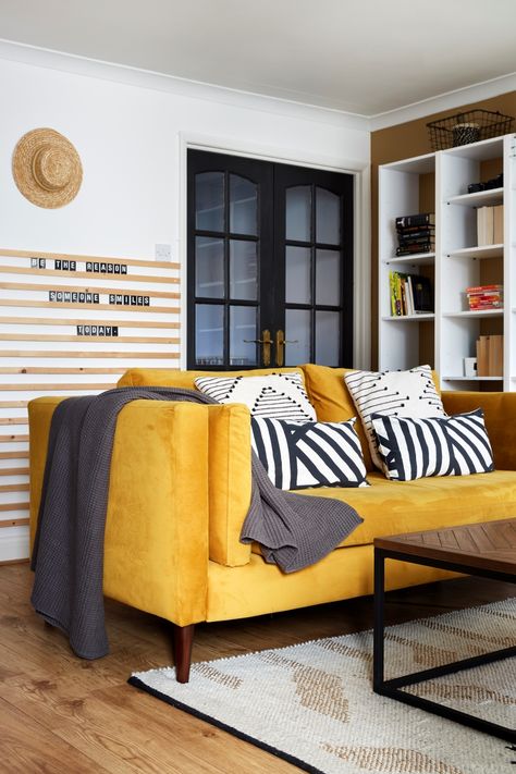 Sofa Mustard Living Room, Mustard Sofa Decor, Mustard Sofa Living Room Ideas Modern, Mustard Yellow Sofa Living Room Ideas, Mustard Accents Living Room, Yellow Sofa Living Room Colour Palettes, Mustard Yellow Couch Living Rooms, Mustard Yellow Sofa Living Room, Mustard Sofa Living Room