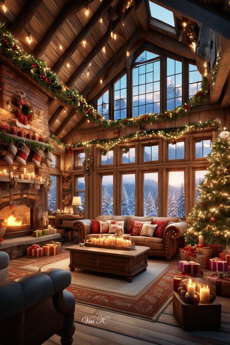 Log Home On Lake, Winter Cabin Bedroom Aesthetic, Mountain House Christmas, Mountain House Christmas Decor, Bloxburg Winter Cabin Interior, Christmas Aesthetic Interior, Christmas In The Mountains Winter Cabin, Christmas Lake House, Christmas Decor Ideas Cabin