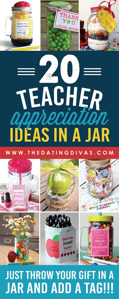 Easy and CUTE teacher appreciation gifts in a jar!!! Start thinking ahead to the first day of school! Cute Teacher Appreciation Gifts, Teacher Appreciation Ideas, Teacher Appreciation Diy, Gifts In A Jar, Teacher Appreciation Gifts Diy, Appreciation Ideas, Teachers Diy, Presents For Teachers, Free Gift Tags