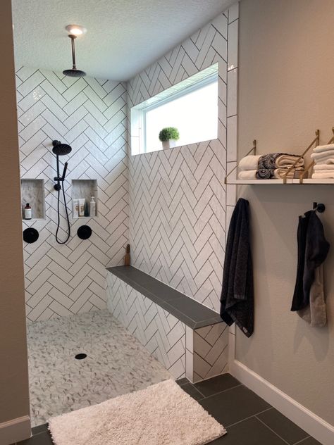 Hering Bone Tile Bathroom Floor, Subway Tile Shower Herringbone, Walk In Shower Herringbone Tile, White Herringbone Tile Shower Wall, Bathroom Remodel Herringbone Tile, Herring Bone Shower Wall, Herringbone Tile Tub Surround, Chevron Shower Wall, Chevron Bathroom Tile Wall