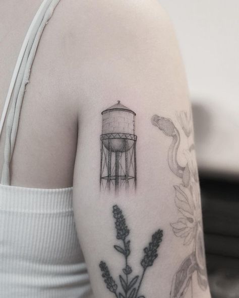 Evgenii Andriu on Instagram: ““Water tower”” Water Tower Tattoo, Finch Tattoo, Tower Tattoo, Water Tower, Geometric Tattoo, Cool Tattoos, Tattoo Ideas, Tower, Tattoos