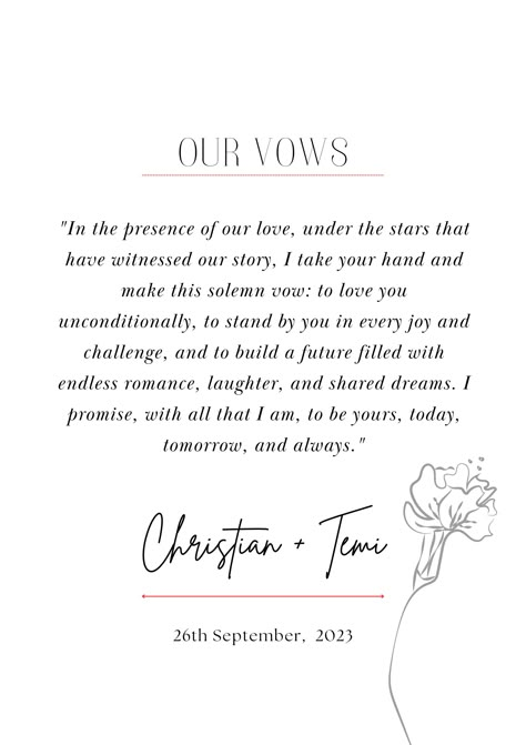 "Elevate your love story with our \"Custom Wedding Vows PDF for Framing.\" This personalised marriage vow art allows you to immortalise your heartfelt promises in a beautifully designed PDF format. With elegant typography and customisable options, you can create a unique piece of wall decor that symbolizes your enduring commitment. Whether you're a newlywed looking to frame your vows or celebrating a milestone anniversary, this digital download adds a touch of romance and sentiment to your home. Download now to transform your wedding vows into a visual masterpiece, keeping your love alive and visible for years to come." I Vow To, Wedding Vows Design, Deep Wedding Vows, Vows For Husband, Spiritual Vows, Handwritten Vows Wedding, With This Ring Vows, Wedding Vow Quotes, Soulmate Wedding Vows