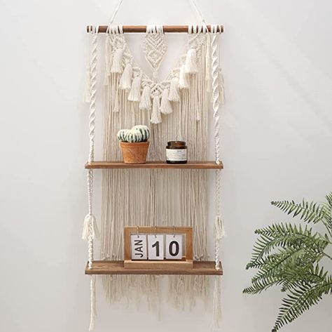 Handmade Bohemian Wooden Woven Plants Floating Shelves Decor, Decorative and Chic Organizer for Bathroom, Bedroom, Kitchen, Nursery, Storage, Home. - Durability material - Handmade - Trendy The wall decor storage shelf is strong enough for displaying your favorite plant pots, candles, picture frames, books, personal collection artifacts and other common household decor. #wall #shelf #boho #trendy #chic #home #decor #durable #macrame #hanging #shelves #handmade Wall Hanging Shelf, Chic Organization, Floating Shelf Decor, Macrame Shelf, Wall Decor Storage, Wood Pots, Wall Hanging Shelves, Interior Minimalista, Macrame Boho