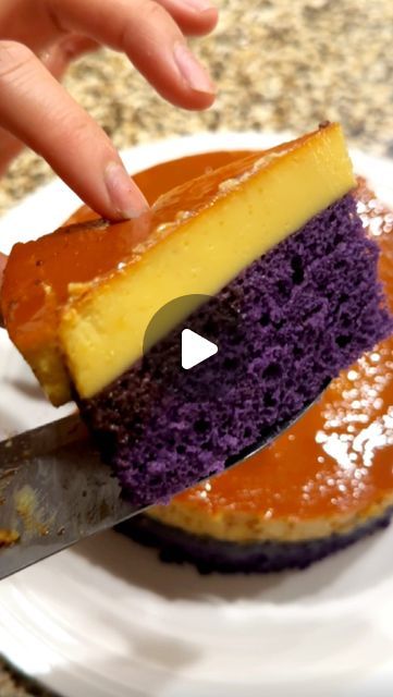 Tracey Le | Homecooked Asian Recipes & more on Instagram: "During my travels in the Philippines, I stumbled upon a street vendor selling this Filipino dessert called Ube Leche Flan Cake. I was hesitant to try it due to concerns about food safety. So that’s when I was inspired to make some once I flew back home! 🍮🇵🇭  𝗜𝗻𝗴𝗿𝗲𝗱𝗶𝗲𝗻𝘁𝘀: 𝘊𝘢𝘳𝘢𝘮𝘦𝘭: 🔸 ¾ cup Sugar  𝘓𝘦𝘤𝘩𝘦 𝘍𝘭𝘢𝘯: 🔹 6 Large Egg Yolks 🔹 1 cup Condensed Milk 🔹 ¾ cup Evaporated Milk 🔹 1 packet Vanilla Sugar  𝘊𝘢𝘬𝘦 𝘉𝘢𝘵𝘵𝘦𝘳: 🔺 4 Large Egg Yolks 🔺 ⅓ cup Sugar 🔺 ¼ cup Milk 🔺 ¼ cup Neutral oil 🔺 1 tsp Ube Flavor (Butterfly brand) 🔺 1 cup Cake Flour 🔺 1 ½ tsp Baking Powder 🔺 ½ tsp Salt  𝘔𝘦𝘳𝘪𝘯𝘨𝘶𝘦: ▫️ 4 Egg White ▫️ ½ tsp Cream of Tartar ▫️ ⅓ cup Sugar  𝗜𝗻𝘀𝘁𝗿𝘂𝗰𝘁𝗶𝗼𝗻𝘀: 1. Start by m Recipes Using Ube Condensed Milk, Leche Flan Recipe Philippines, Ube Flan Cake Recipe, Ube Leche Flan Cake, Leche Flan Cake Recipe, Ube Flan, Leche Flan Cake, Ube Cake, Flan Cake