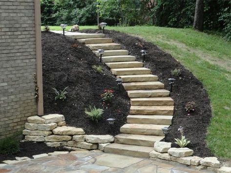 Sloped Backyard Landscaping, Landscaping A Slope, Landscaping On A Hill, Sloped Yard, Sloped Backyard, Stone Steps, Garden Stairs, Outdoor Steps, Hillside Landscaping