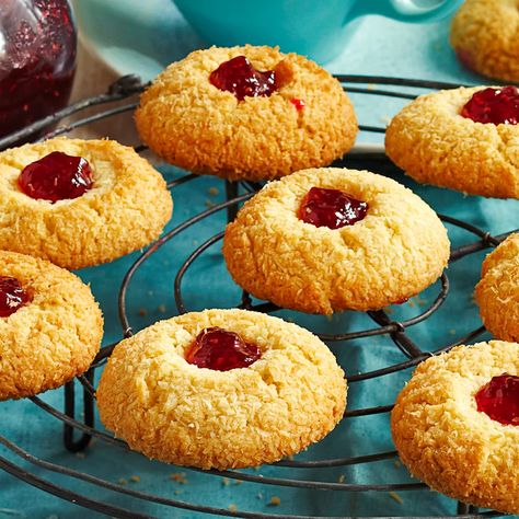 Coconut jam drops | Women's Weekly Food Coconut Jam Drops, Jam Drops Recipe, Jam Drop Biscuits, Thumbprint Cookies Christmas, Jam Drops, Drop Biscuits Recipe, Coconut Jam, Coffee Cheesecake, Thumbprint Cookies Recipe