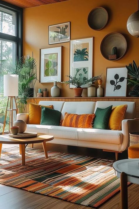 18 Colorful Mid Century Modern Living Room Designs 42 Mid Century Sofa Living Room, Mid Century Modern Living Room Design, 1950s Interior, Retro Living Room Decor, Mid Century Modern Eclectic, Colorful Mid Century Modern, Colorful Homes, Colorful Room Decor, Retro Living Room