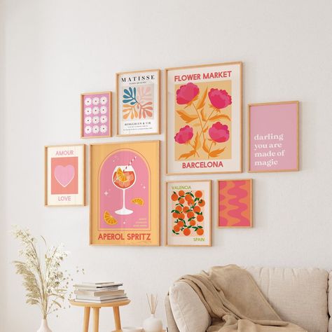 Pink and Orange Gallery Wall Digital Art Download 10 Printables Cute Boho Dorm Room Art Set Trendy Gallery Wall Art - Etsy Pink And Orange Gallery Wall, Cute Gallery Wall Ideas, Colorful Preppy Room, Cute Bedroom Wall Art, Pink Orange Wall Art, Preppy Dorm Room Ideas Pink And Orange, Pink And Orange Interior Design, Pink Orange Room Decor, Wall Decoration Boho