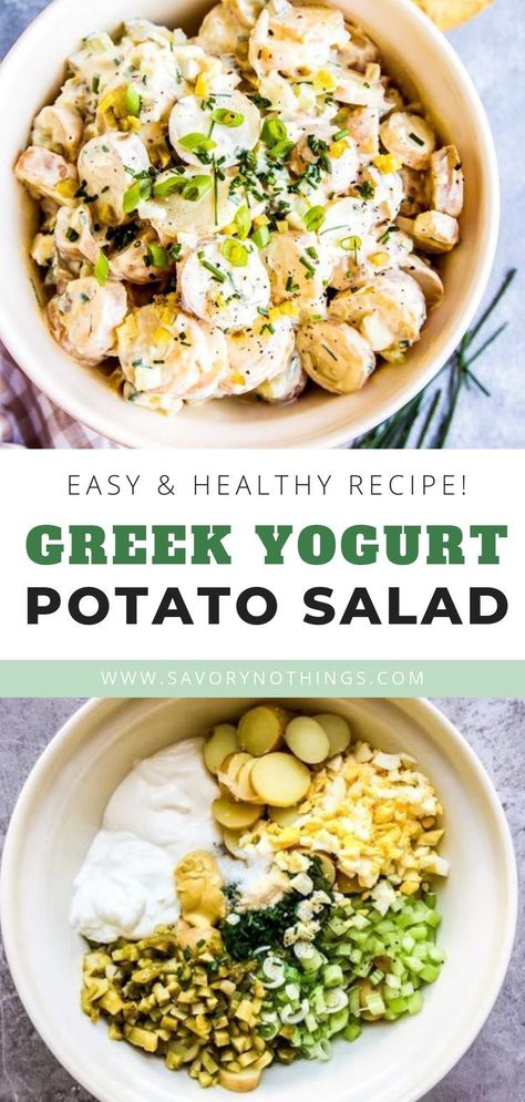 Greek Yogurt Potato Salad is a creamy side dish you're going to love for all your picnics, potlucks and BBQs this summer. The perfect barbecue side that's healthy and so delicious  #summerrecipes #summerfood #picnic #potluck #y #salad #sidedish #potato #potatoes #healthyrecipes Yogurt Potato Salad, Unprocessed Recipes, Potatoes Healthy, Cookout Recipes, Picnic Potluck, Barbecue Sides, Potato Salad Healthy, Barbecue Side Dishes, Chicory Recipe