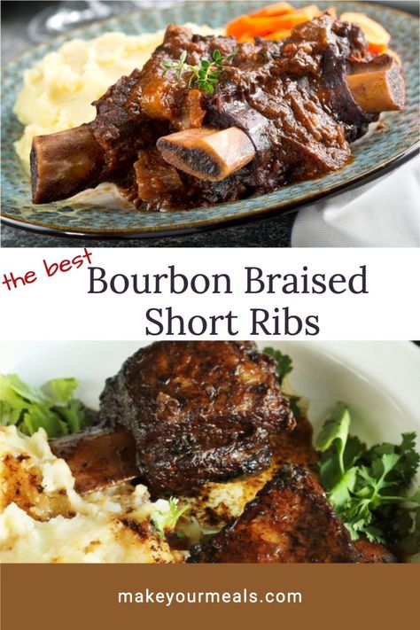 The most delicious way to cook beef short ribs. Braised in a maple bourbon sauce and when fall apart tender, served with a thick maple glaze. The perfect recipe for Sunday dinner! #bourbon #beefribs #sundaydinner #dinner Smoked Braised Beef Short Ribs, Beef Short Ribs And Polenta, Bourbon Braised Beef Short Ribs, Bourbon Short Ribs Recipe, Ribs For Dinner, Bourbon Cooking Recipes, Bourbon Braised Short Ribs, Bourbon Beef, Bison Short Ribs Recipe