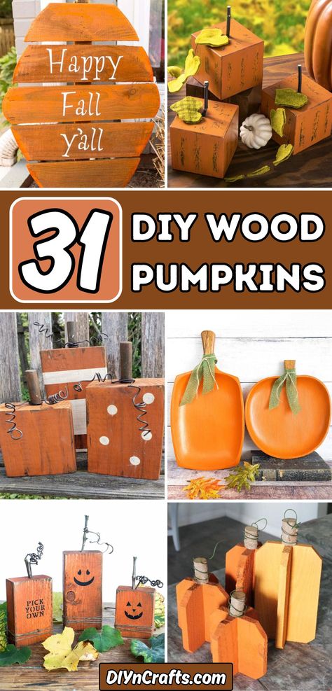 31 DIY Wood Pumpkins Fall Wooden Decor Diy, Diy Halloween Decorations From Nature, Easy Fall Wood Crafts Diy, Fall Wood Pumpkins Diy, Diy Wood Candy Corn, Wood Block Pumpkins Diy Fall Crafts, Rustic Pumpkin Painting, Fence Board Pumpkins, Landscape Timber Pumpkins