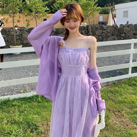 Modest Purple Outfits, Sage Outfits, Maya Aesthetic, Purple Monochromatic, Purple Dress Casual, Allu Arjun Hairstyle, Cottagecore Outfit, Wearing Purple, Aesthetic Dress