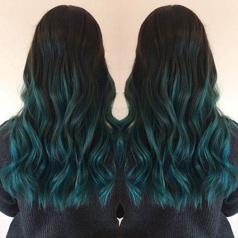 Teal Hair Balayage, Teal Balayage Hair, Brown Hair Teal Tips, Blue And Green Balayage, Smoky Teal Hair, Dark Teal Hair Ombre, Torquise Hair, Teal Curly Hair, Green Balayage Hair