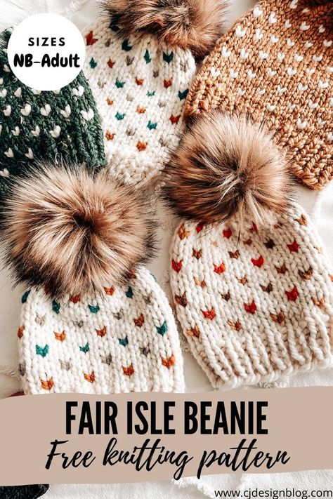 Free pattern + video tutorial. Learn how to knit this beautiful hat in all sizes, from Newborn to Adult! Xmas Knitting, Fair Isle Knitting Patterns Free, Cj Design, Fair Isle Hat Pattern, Fair Isle Beanie, Fair Isle Crochet, Hats Crochet, Baby Hat Knitting Pattern, Hat Patterns Free