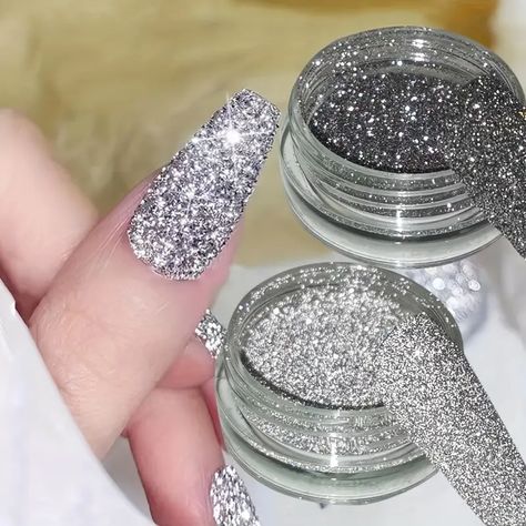 Silvery Reflective Glitter Nail Powder Broken Diamond - Temu Shiny Nails Glitter, Reflective Nails, Dip Manicure, Liquid Nails, Chrome Powder, Glitter Dust, Shiny Nails, Nail Powder, Nails Diy