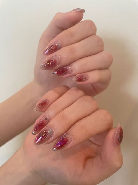 Red Cute Nails Korean, Korean 3d Jelly Nails, Jelly Color Nails Korean, Aesthetic Douyin Nails, Burgundy Douyin Nails, Jelly Color Nails Design, Korean Jelly Nails Acrylic Almond, Dark Red Jelly Nails Korean, Jelly Burgundy Nails