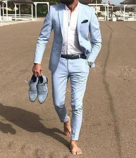 Tuxedo For Wedding, Blue Linen Suit, Sky Blue Suit, Beach Wedding Suits, Summer Wedding Suits, Light Blue Suit, Mens Wedding Suits, Blue Suit Men, Linen Wedding