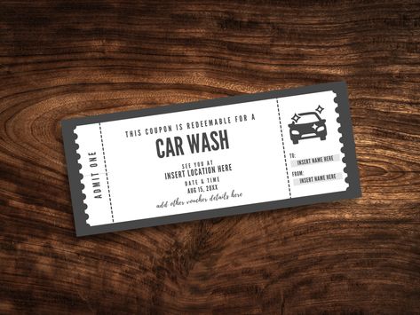 This editable car wash coupon is the perfect gift for the car lover in your life! Whether it's a gift for your dad, boyfriend, or husband, it can be customized with your text to make it special. This ticket template makes a great surprise gift certificate for a birthday, anniversary, Father’s Day, or other special occasion. Cleaning Gift Certificate, Printable Vouchers, Ticket Printable, Printable Gift Certificate, Car Lover Gifts, Cleaning Gift, Coupon Template, Computer Paper, Ticket Template