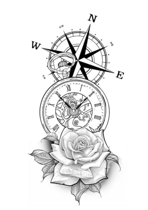 Old Clock Tattoo, Pocket Watch Drawing, Compass Tattoo Ideas, Clock And Rose Tattoo, Half Sleeve Tattoos Sketches, Egyptian Eye Tattoos, Pocket Watch Tattoos, Compass Rose Tattoo, Lion Tattoo Sleeves