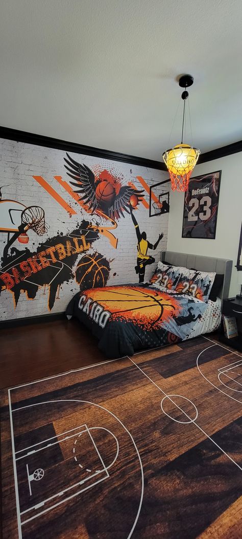 Basketball room Basketball Gaming Room, Kids Basketball Room, Basketball Bedroom Ideas Boys, Basketball Room Ideas For Boys, Basketball Bedroom Ideas, Locker Room Bedroom, Basketball Room Ideas, Basketball Themed Room, Boys Basketball Room