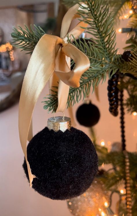 DIY VELVET FLOCKED ORNAMENTS - Krista Gilbert Flocked Christmas Tree Black Ornaments, Diy Flocked Velvet Ornaments, Flocked Tree Black Ornaments, How To Flock Christmas Ornaments, How To Flock Ornaments, Diy Black Christmas Ornaments, Jeweled Christmas Ornaments Diy, Black Christmas Ornaments Diy, Diy Black Ornaments