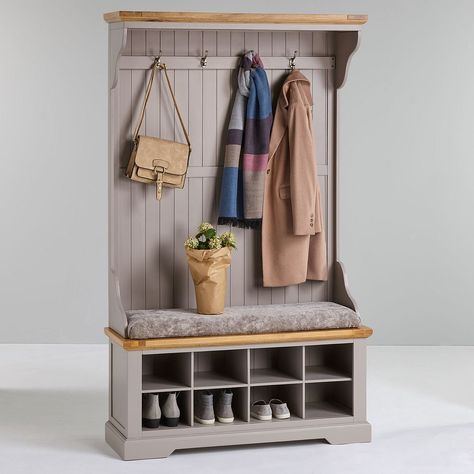 Grey Hallway Stand | Grey Hall Tidy - Truffle Fabric | Oak Furnitureland Hallway Seating Ideas, Shoe And Coat Storage Entryway, Hallway Coat And Shoe Storage, Coat Stand Hallway, Coat Hooks Hallway, Coat Cupboard, Cottage Hallway, Painted Hallway, Placard Design