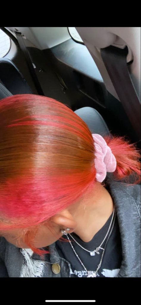 Ginger N Pink Hair, Ginger Hair With Pink Skunk Stripe, Ginger Hair With Pink Highlights Black Women, Honey Brown Hair With Pink Skunk Stripe, Red Skunk Stripe 4c Hair, Ginger And Pink Hair, Pink Skunk Stripe Barbie Ponytail, Strawberry Shortcake Hair, Real Hairstyles