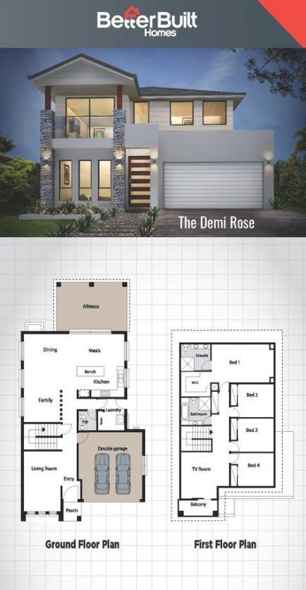 Home Design Plan 19x14m With 4 Bedrooms - Home Design With Plansearch # Minecraft Houses Blueprints, Double Storey House, Modern House Floor Plans, 2 Storey House Design, Two Story House Plans, Two Story House, Mansion Floor Plan, Small Modern Home, 4 Bedroom House Plans