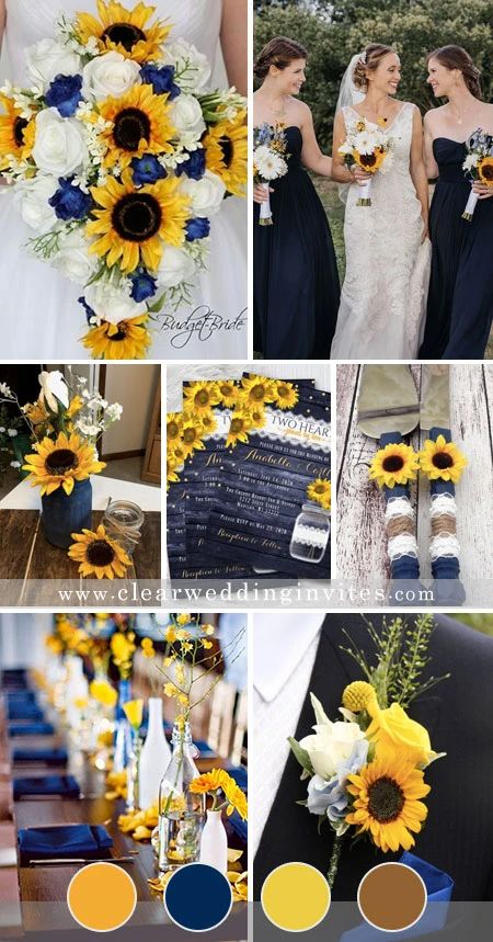 Rustic Country Wedding Ideas, Country Wedding Ideas, Sunflower Themed Wedding, Wedding Color Combos, Wedding Color Trends, Wedding Colors Blue, Country Wedding Dresses, Theme Color, Yellow Wedding