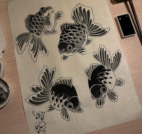 Goldfish Tattoo Black And White, Tattoo Sleeve Neo Traditional, Japanese Black Cat Tattoo, Traditional Ghibli Tattoo, Portfolio Tattoo Book, Onryō Tattoo, Woodblock Print Tattoo, Gold Fish Tattoo Design, Traditional Tattoo Fish