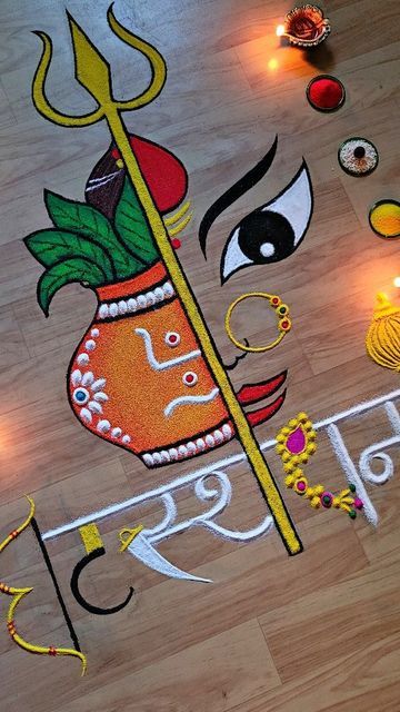 Dushara Rangoli, Rangoli Designs Of Ganesha, Dusshera Rangoli Design, Diwali Rongali Easy, Dushera Rangoli Design, Pecok Design Rangoli Simple, Navratri Rangoli Easy, Dasera Celebration Rangoli, Gauri Poojan Rangoli