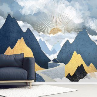 Abstract Wall Mural, Yellow Cloud, Geometric Mountain, Murals Wallpaper, Mountain Wallpaper, Mountain Sunset, Wallpaper Murals, Sunset Wallpaper, Wallpaper Living Room