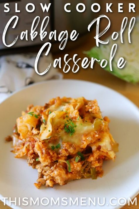 Slow Cooker Cabbage Roll Casserole - This Mom's Menu Lazy Cabbage Roll Casserole, Basic Pasta Sauce, Cabbage And Rice, Slow Cooker Cabbage, Slow Cooker Cabbage Rolls, Lazy Cabbage Rolls, Cabbage Roll Casserole, Vegan Ground Beef, Slow Cooker Casserole