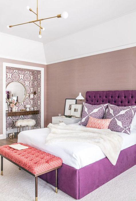 purple tufted headboard Lacquered Nightstand, Arizona Bed, Purple Headboard, Katie Ridder, Purple Bed, Mauve Walls, Pink Bench, Bedroom Purple, Feature Wall Bedroom