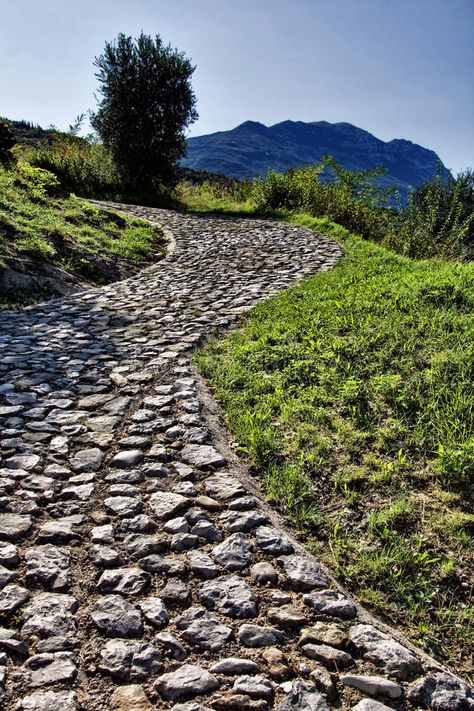 Cobblestone road. Winding cobblestone road going up to the mountains , #Ad, #road, #Cobblestone, #Winding, #mountains, #cobblestone #ad Walk Path Ideas, Pathway Design, Cobblestone Road, Cobblestone Paving, Cobblestone Walkway, Rock Pathway, Cobblestone Driveway, Stone Road, Walkway Design