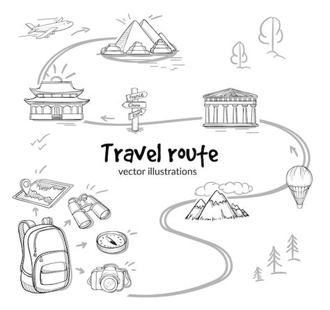 Travel Drawing Ideas, Drawing Ideas Sketch, Travel Doodles, Map Sketch, Ideas Sketch, Travel Drawing, Textile Prints Design, Travel Route, Vector Sketch