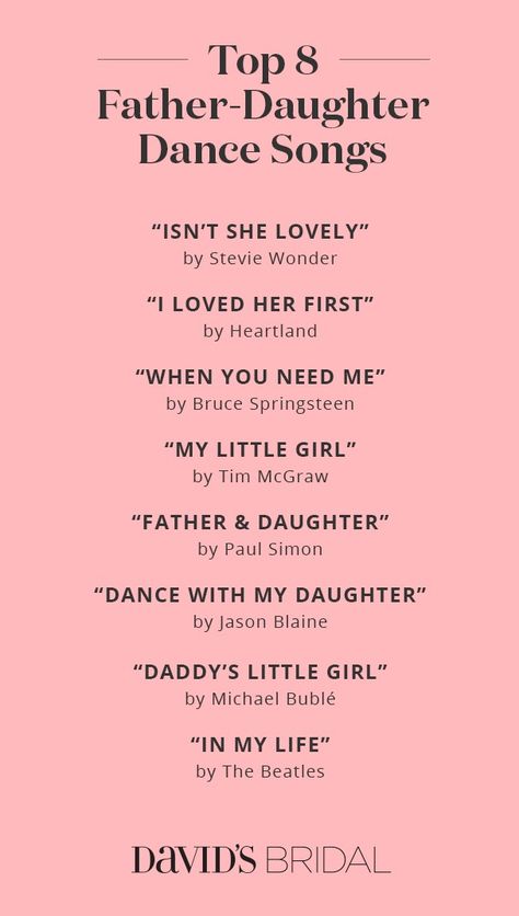 Top Father-Daughter Dance Songs | David's Bridal Father Daughter Dance Songs, Daughter Songs, Debut Ideas, Quinceanera Planning, Dance Songs, Wedding Playlist, Father Daughter Dance, Future Wedding Plans, Cute Wedding Ideas