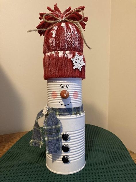 💲Dollar Tree Fanatics Crafts & Decor💲 | Another snowman made from soup and vegetable cans from the Dollar Tree | Facebook Snowman Crafts Diy, Tin Can Art, Snowman Hat, Tin Can Crafts, Diy Snowman, Crafts Decor, Tin Cans, Snowman Crafts, Dessert Decoration