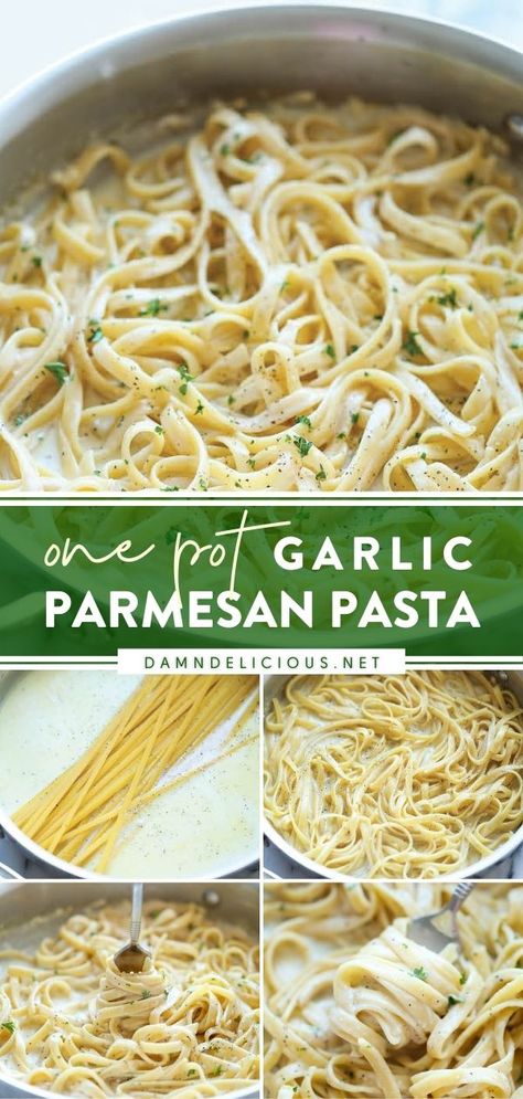 ONE POT GARLIC PARMESAN PASTA One Pot Garlic Pasta, How To Cook Pasta In Sauce, Pasta Recipes With Fettuccine Noodles, Recipes With Light Cream, One Pot Lemon Garlic Parmesan Pasta, Light Garlic Sauce For Pasta, Pasta Recipes Garlic Parmesan, Cook Pasta In Sauce One Pot, Easy Dinner Recipes For Two Pasta