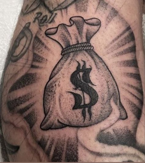 Rich Tattoo Design, Money Bag Tattoo Design, Cholo Tattoos, Scarface Tattoo Design, 1997 Tattoo, Money Bag Tattoo, Dollar Tattoo, Full Hand Tattoo, Tattoo Lettering Design