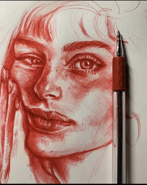 Biro Drawing Face, Drawing With Red Pen, Pen Drawing Face, Crayon Portrait Faces, Ballpoint Pen Portrait Sketch, Bic Pen Portrait, Biro Art, Ballpoint Pen Art, Pen Art Work