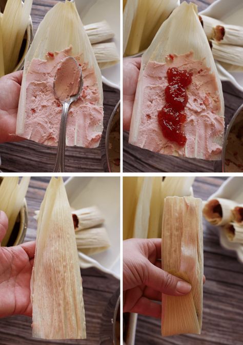 Strawberry Tamales are irresistible sweet treats. These Tamales de Fresa are made up of a combination of fresh ripe fruit and fluffy masa dough. Tamales Flavors, Fruit Tamales Recipe, Fruit Tamales, Strawberry Cream Cheese Tamales, Tamale Flavors, Dessert Tamales Recipe, Sweet Tamales Recipe, Strawberry Tamales, Sweet Tamales Mexican