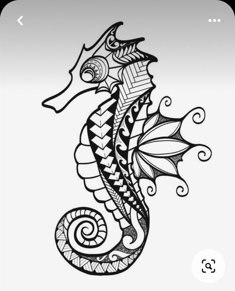 Black And White Seahorse Tattoo, Polynesian Seahorse Tattoo, Seahorse Line Drawing, Sea Horse Tattoo Design, Seahorse Zentangle, Ocean Creatures Tattoo, Seahorse Doodle, Seahorse Stencil, Seahorse Tattoo Design