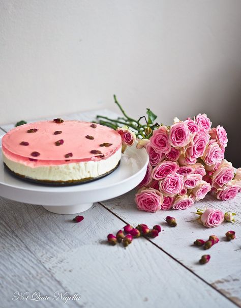 Turkish Delight Rose Cheesecake @ Not Quite Nigella Rose Cheesecake, Cheesecakes Recipes, Persian Love Cake, Rose Pistachio, Rose Cakes, Rose Syrup, Vegan Frosting, Rose Flavored, Spiced Pear