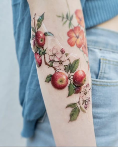 Woodland Flower Tattoo, Apple Blossom Tattoo, Apple Blossom Tattoos, Upper Thigh Tattoos, Apple Tattoo, Art Inspired Tattoos, Fruit Tattoo, Autumn Tattoo, Female Tattoos