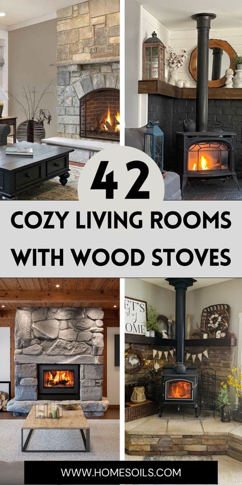 Create a warm and inviting space with 42 cozy living rooms featuring charming wood stoves! Visit our site for inspiration to design the perfect snug retreat. Built In Shelves Living Room Wood Stove, Living Room Wood Burning Fireplace, Cabin Tv Wall Ideas, Log Home Remodel Ideas, Center Room Fireplace, Wood Stove Christmas Decor, Corner Freestanding Fireplace, Woodstoves In Living Rooms, Wood Stove Fireplace Ideas