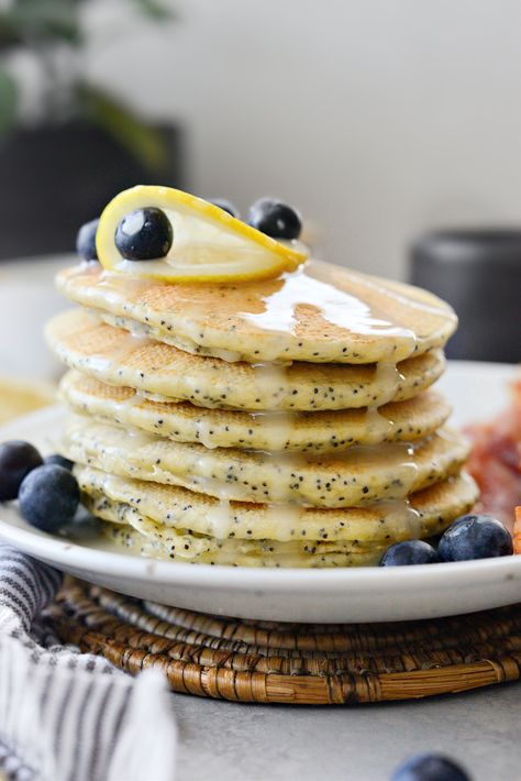 Lemon Poppy Seed Pancakes - Simply Scratch Fluffy Lemon Ricotta Pancakes, Poppyseed Pancakes, Poppy Seed Pancakes, Blueberry Ricotta Pancakes, Maple Syrup Glaze, Lemon Poppyseed Pancakes, Weekend Brunch Recipes, Lemon Pancakes, Light And Fluffy Pancakes